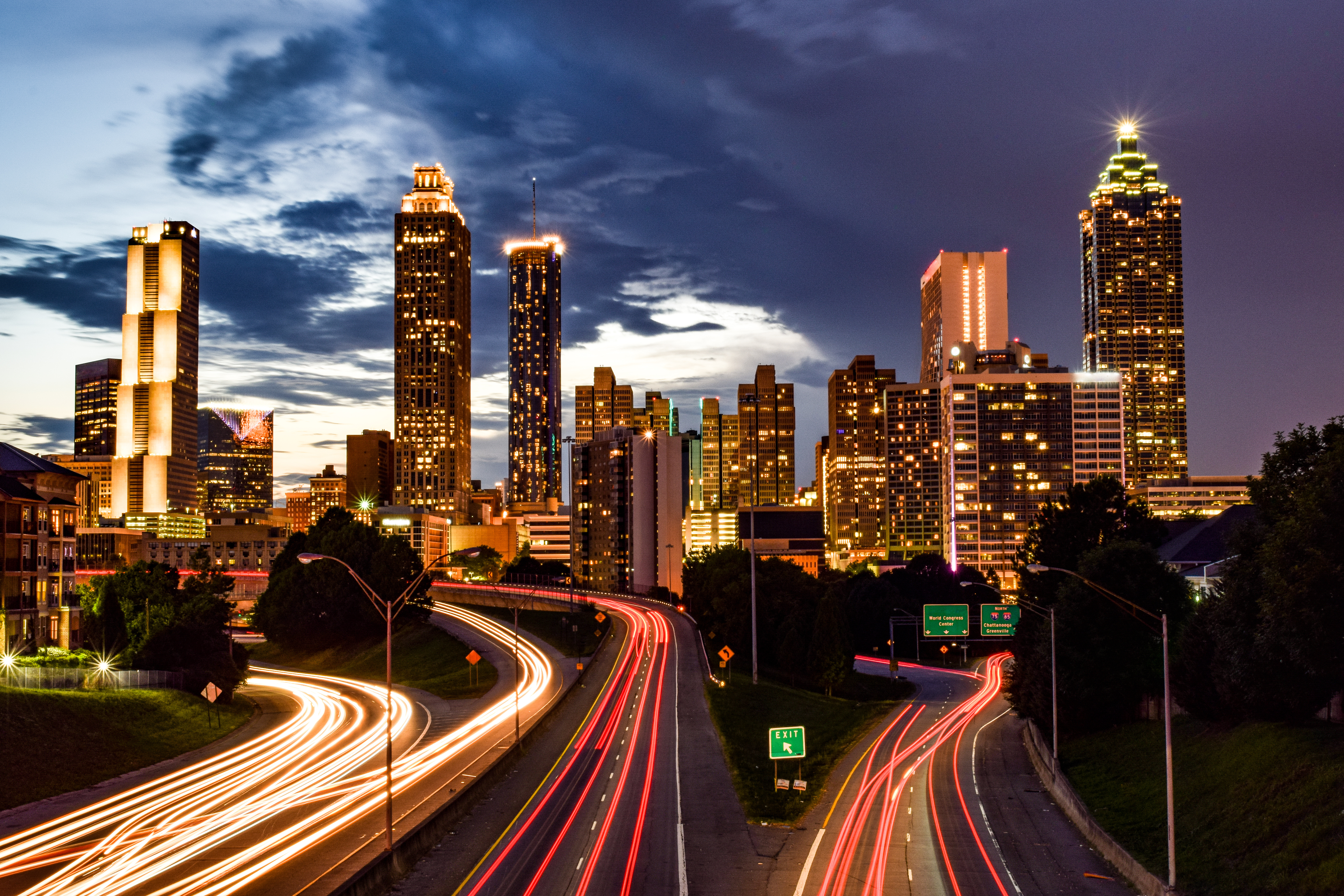 Atlanta city lit skyline from Jackson St Bridge